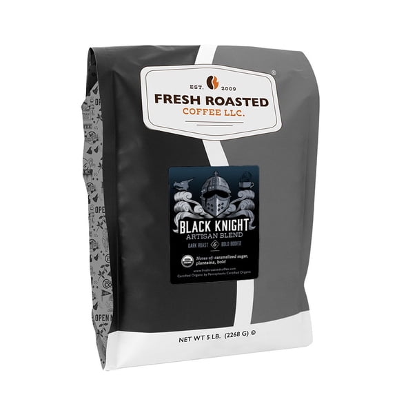 Fresh Roasted Coffee, Organic Black Knight Blend Coffee, Dark Roast, Whole Bean, 80 oz 5 lbs