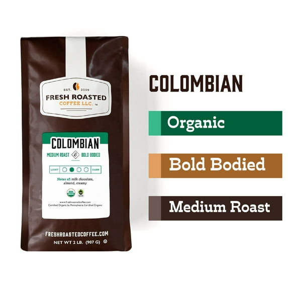 Fresh Roasted Coffee, Organic Colombian Coffee, Medium Roast, Whole Bean, 32 oz 2 lbs