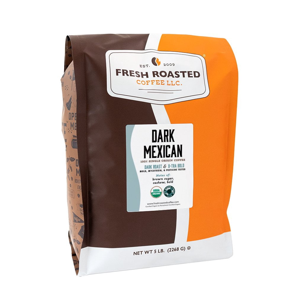 Fresh Roasted Coffee, Organic Dark Mexican Coffee, Dark Roast, Whole Bean, 80 oz 5 lbs
