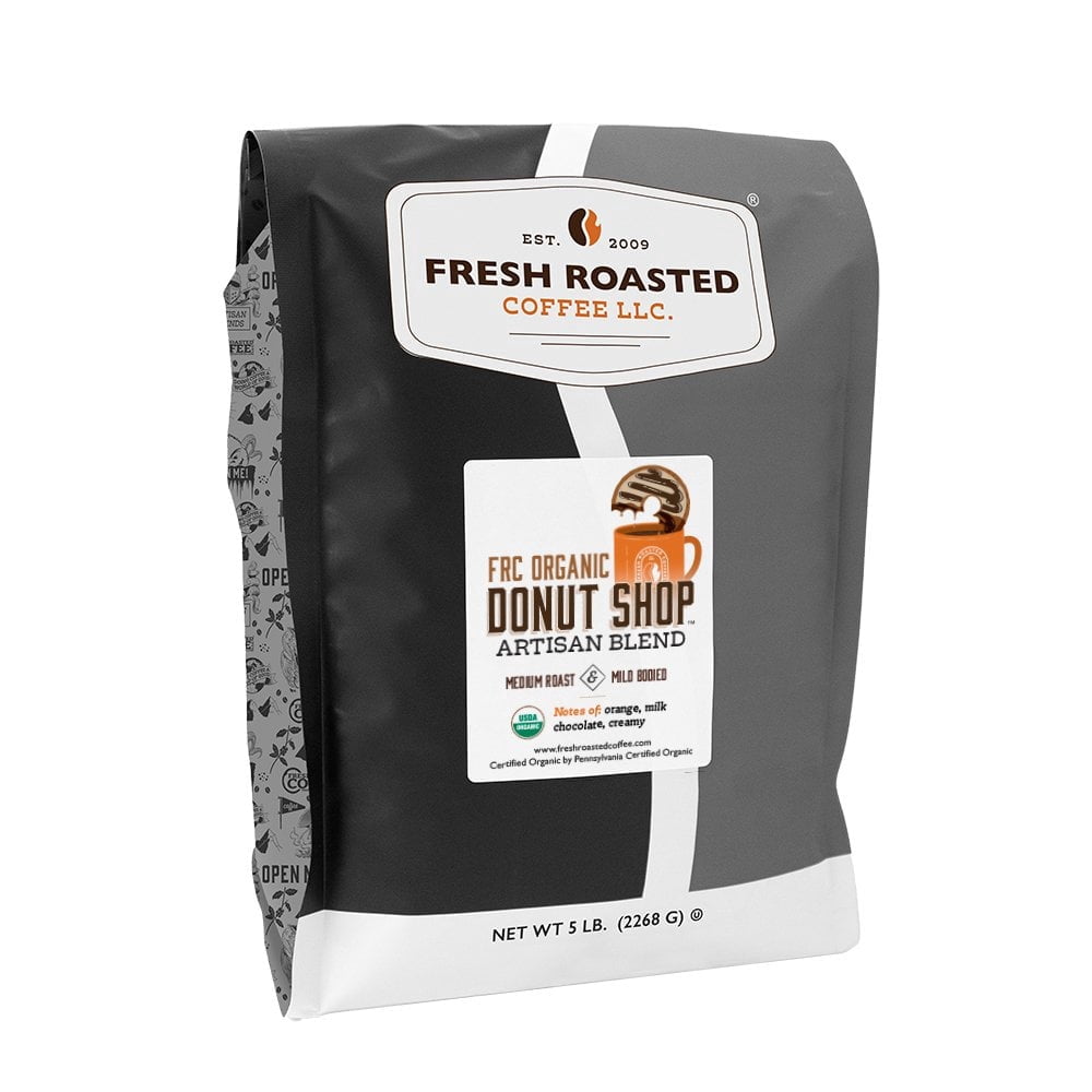 Fresh Roasted Coffee, Organic Donut Shop Blend Coffee, Medium Roast, Whole Bean, 80 oz 5 lbs