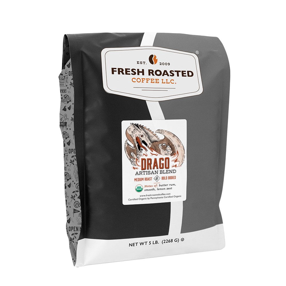 Fresh Roasted Coffee, Organic Drago Cafe Blend Coffee, Medium Roast, Whole Bean, 80 oz 5 lbs