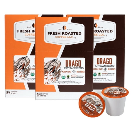 Fresh Roasted Coffee, Organic Drago Cafe Blend Coffee Pods, Medium Roast, K-cup Compatible, 72 Count