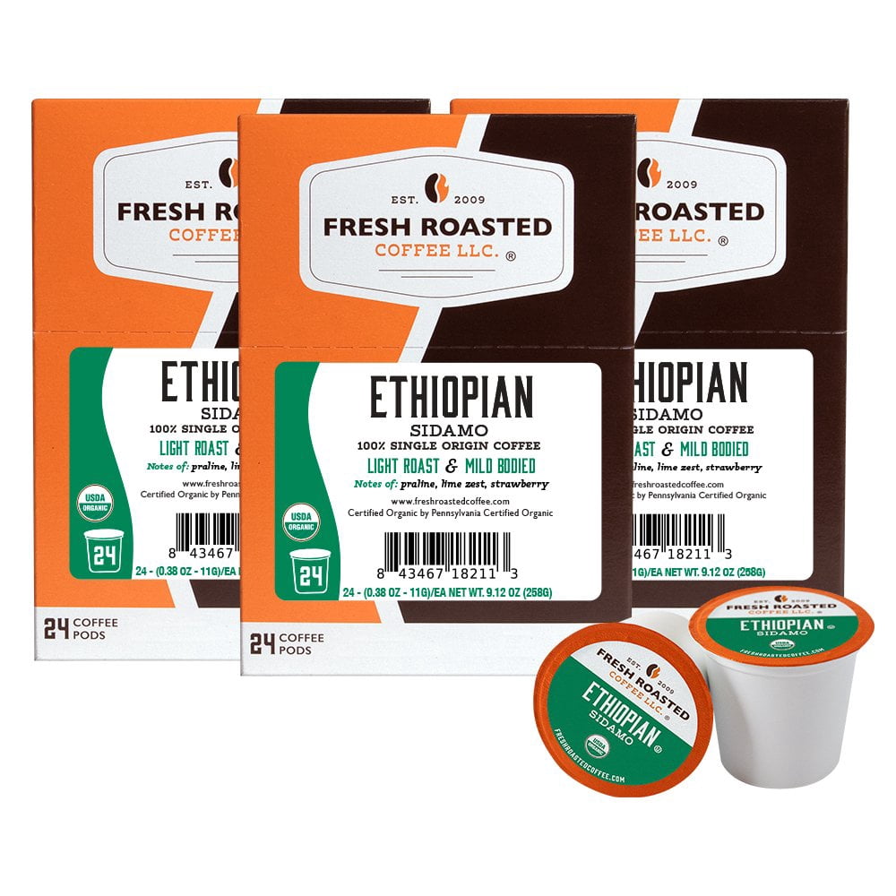 Fresh Roasted Coffee, Organic Ethiopian Sidamo Coffee Pods, Light Roast, K-cup Compatible, 72 Count
