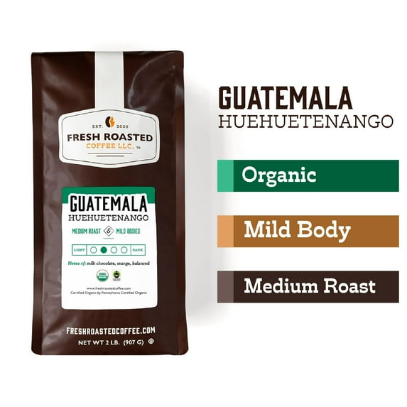 Fresh Roasted Coffee, Organic Guatemalan Huehuetenango Coffee, Medium Roast, Whole Bean, 32 oz 2 lbs