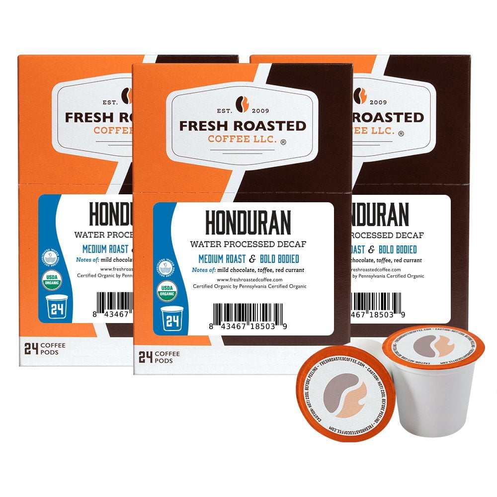 Fresh Roasted Coffee, Organic Honduran Water-Processed Decaf Coffee Pods, Medium Roast, K-cup Compatible, 72 Count