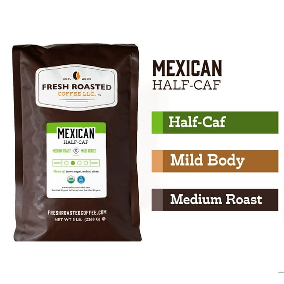 Fresh Roasted Coffee, Organic Mexican Swiss Water Half Caf Coffee, Medium Roast, Whole Bean, 80 oz 5 lbs