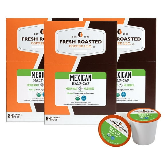 Fresh Roasted Coffee, Organic Mexican Swiss Water Half Caf, Medium Roast, K-cup Compatible, 72 Count