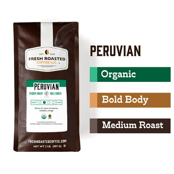Fresh Roasted Coffee, Organic Peru Coffee, Medium Roast, Whole Bean, 32 oz 2 lbs
