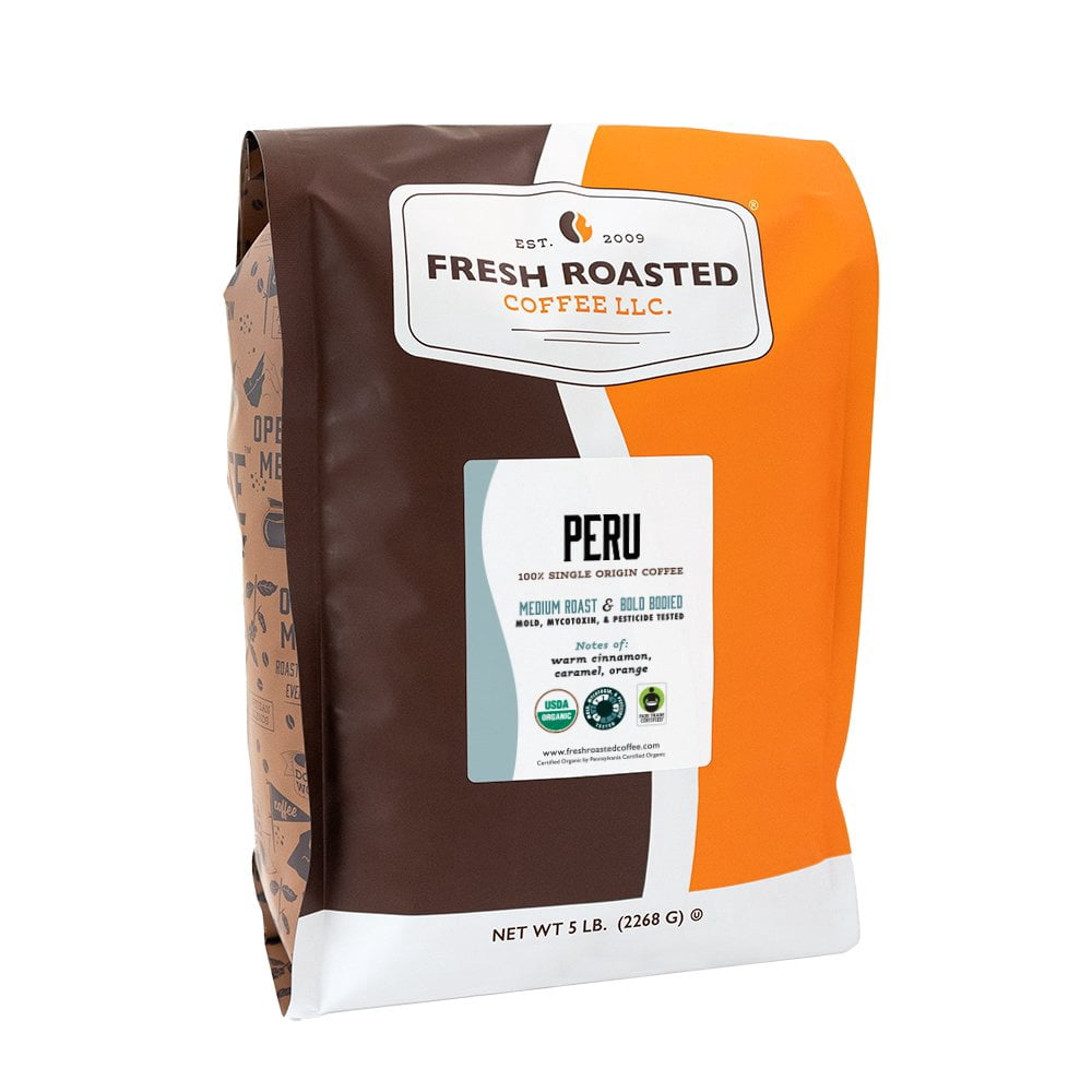 Fresh Roasted Coffee, Organic Peru Coffee, Medium Roast, Whole Bean, 80 oz 5 lbs