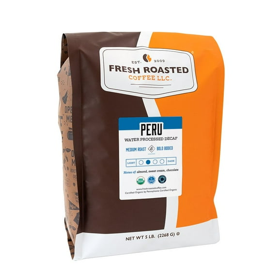 Fresh Roasted Coffee, Organic Peru Water-Processed Decaf Coffee, Medium Roast, Whole Bean, 80 oz 5 lbs