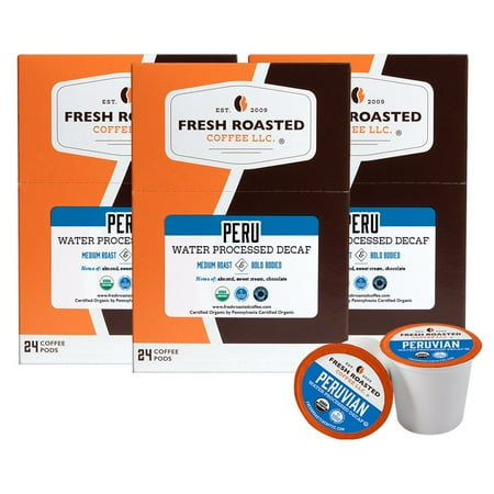 Fresh Roasted Coffee, Organic Peru Water-Processed Decaf, Medium Roast, K-cup Compatible, 72 Count