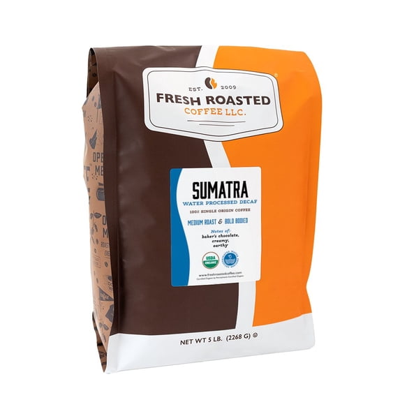 Fresh Roasted Coffee, Organic Sumatra Water-Processed Decaf Coffee, Medium Roast, Whole Bean, 80 oz 5 lbs
