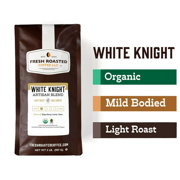 Fresh Roasted Coffee, Organic White Knight Blend Coffee, Light Roast, Whole Bean, 32 oz 2 lbs