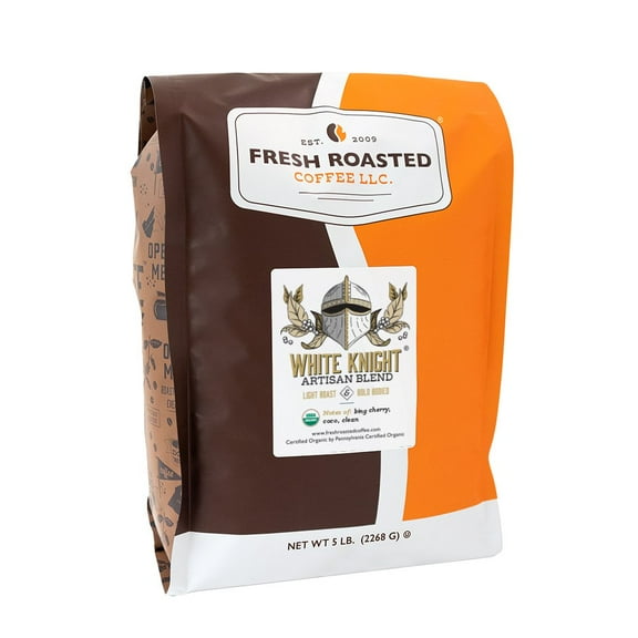 Fresh Roasted Coffee, Organic White Knight Blend Coffee, Light Roast, Whole Bean, 80 oz 5 lbs