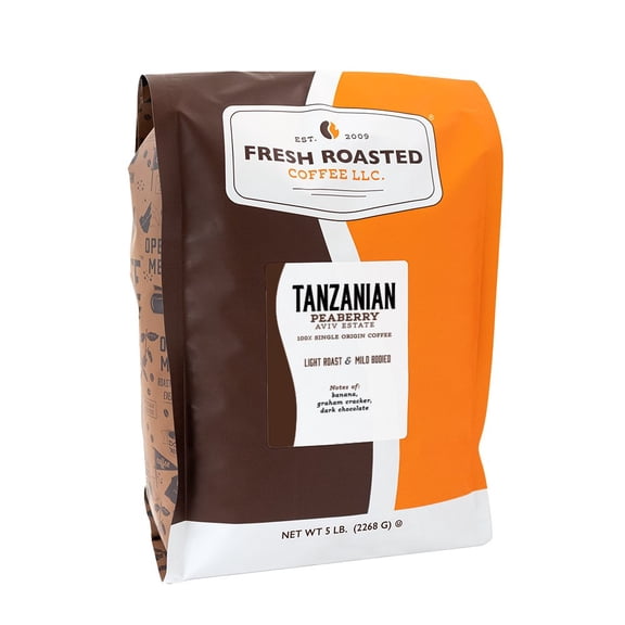 Fresh Roasted Coffee, Tanzanian Peaberry Coffee, Light Roast, Whole Bean, 80 oz 5 lbs