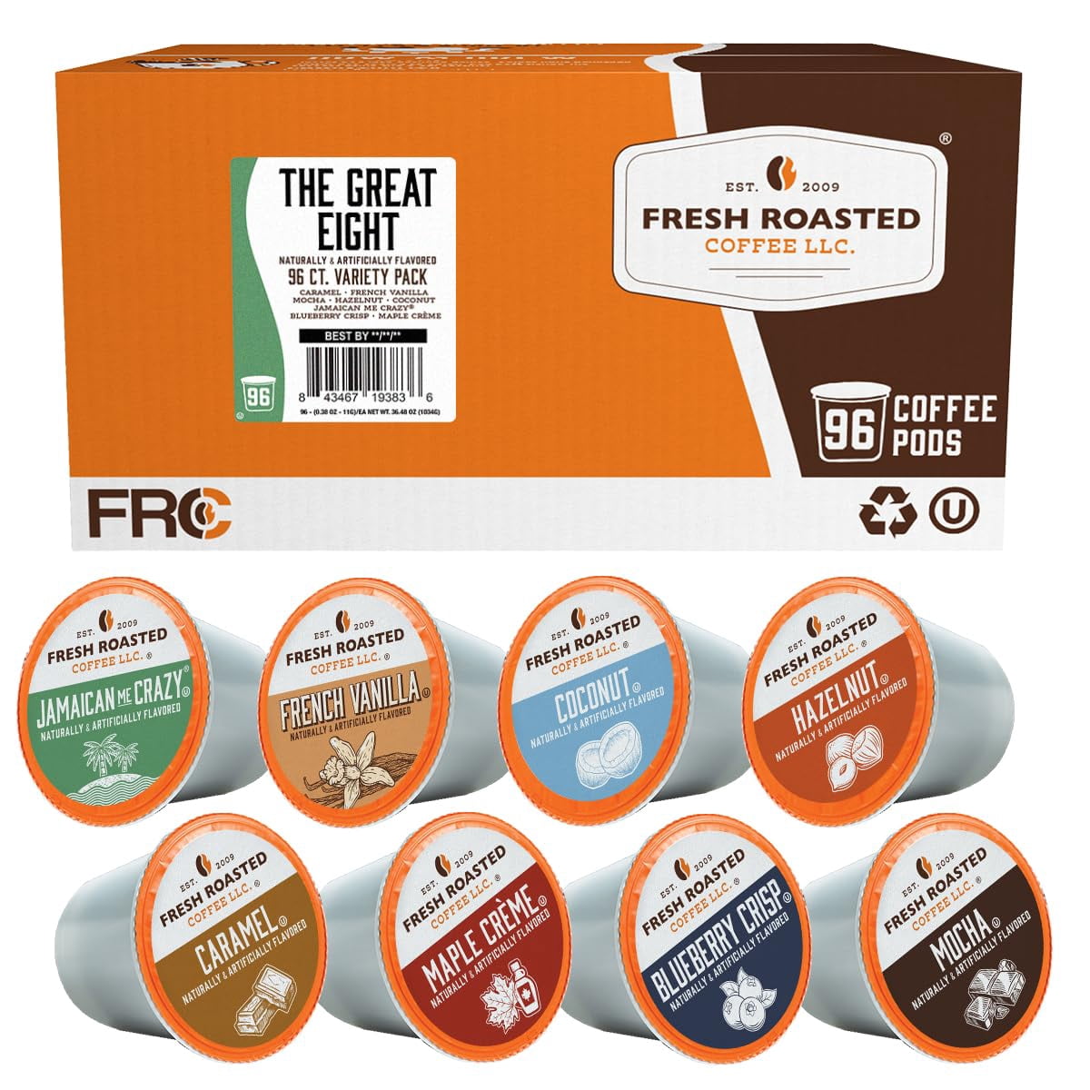 Fresh Roasted Coffee, The Great Eight, Flavored Coffee Pod Variety Pack, K-Cup Compatible, Medium Roast, 96 Count