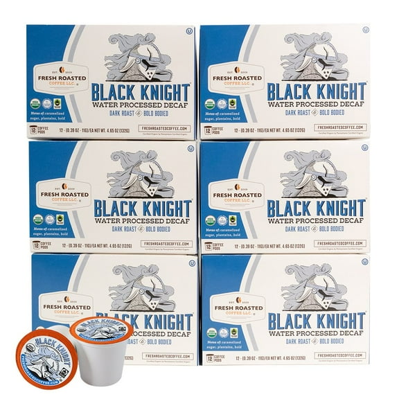 Fresh Roasted Coffee, Organic Black Knight Water-Processed Decaf, Dark Roast, K-cup Compatible, 72 Count