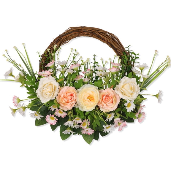 Fresh Rose And Daisy Artificial Wreath 14.9 Inch Floral Door Decor With Twig Arch Base For Front Door Porch Window And Spring Home Decor