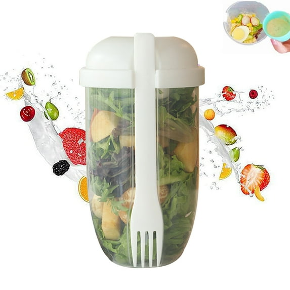 Fresh Salad to Go Container Set, Keep Fit Salad Meal Shaker Cup with Fork and Salad Dressing HolderWhite