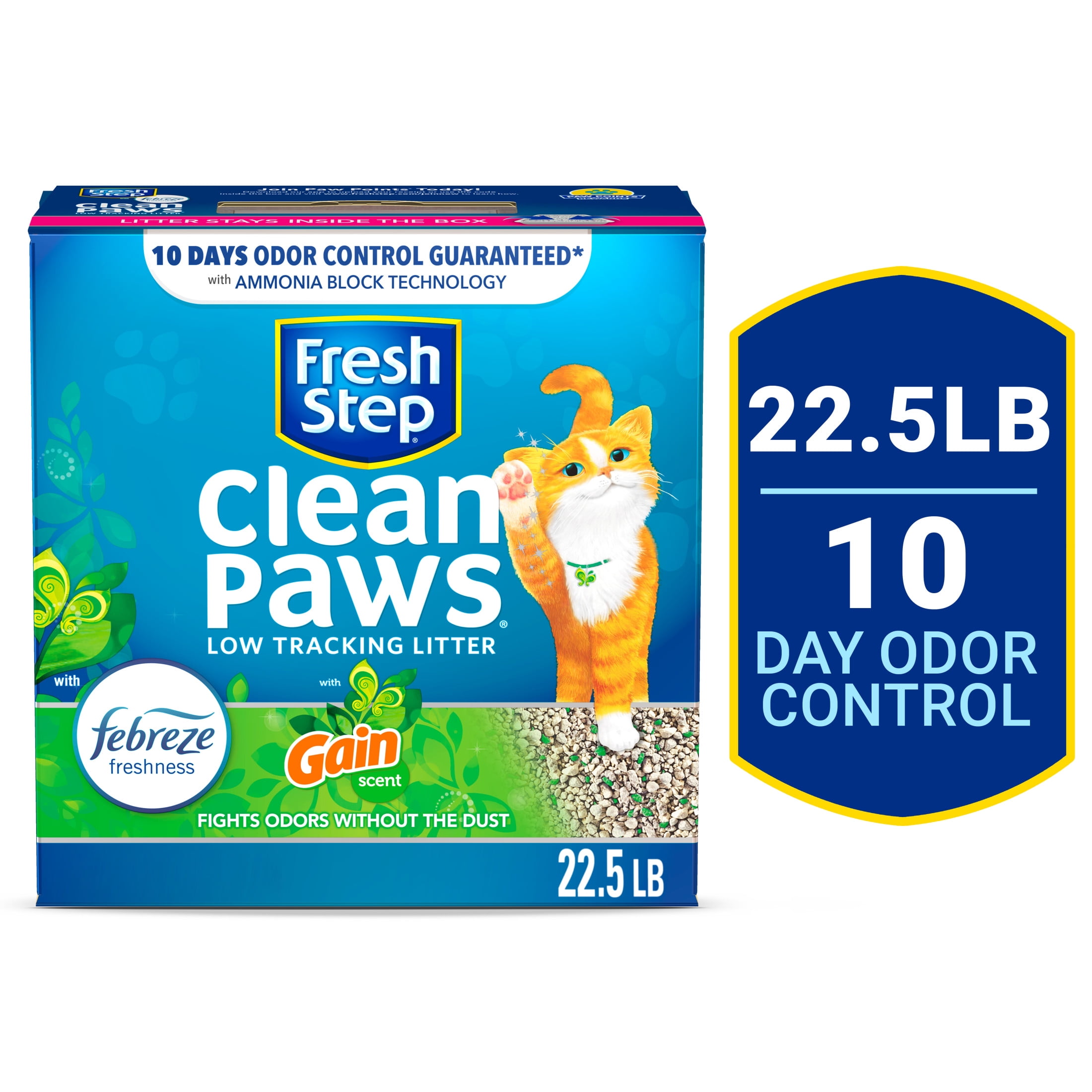 Fresh Step Clean Paws Cat Litter, Low-Tracking Clumping Litter With Febreze and Gain, 22.5 lbs