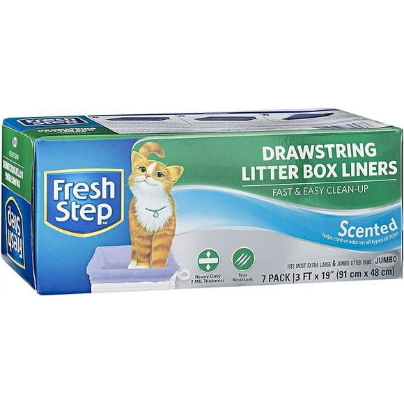 Fresh Step Drawstring Cat Litter Box Liners, Scented, Jumbo Size, 36" x 19" - 7 Count | Kitty Litter Bags, Cat Litter Liners for All Cats To Keep Your Home Clean