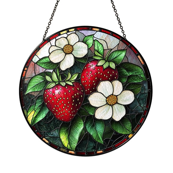 Fresh Strawberry Branch Design Stained Glass Round Window Suncatcher, Farm Hanging Decor