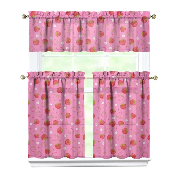 Fresh Strawberry Lover Window Curtains 3PC Set - Cute Red Fruit Tier Curtains, Semi-Sheer Farmhouse Kitchen Valance & Caf Curtains (Rod Pocket)