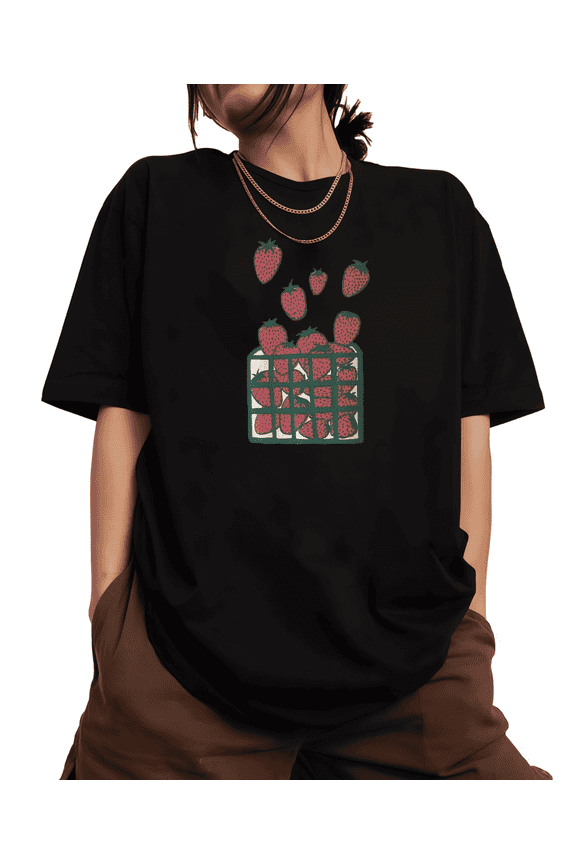 Women's cotton Black Retro Strawberry Basket Fruit Print Tshirt Graphic Tees Shirts S-5XL Summer Casual Foodie Tops