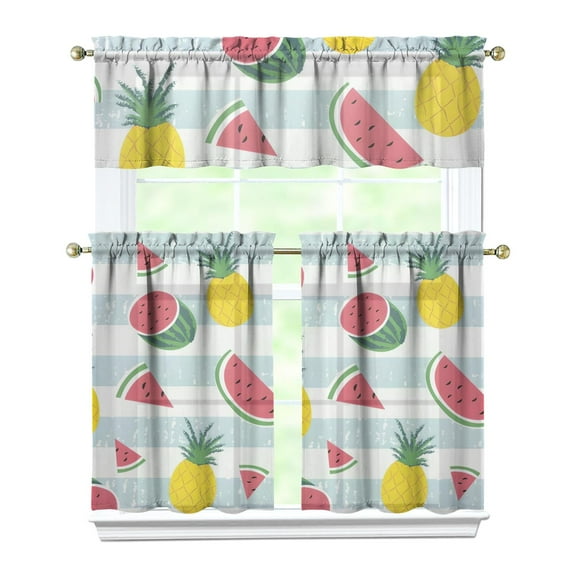 Fresh Tropical Watermelon Kitchen Curtains Set, Summer Fruit Print with Cute Sunshine Pattern, Watermelon Lovers Tier and Valance Drapes for Kitchen or Office