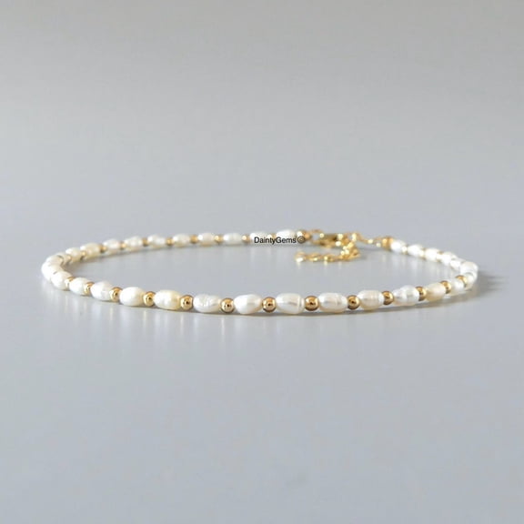 Fresh Water Pearl 2x4mm Oval Shape Smooth Cut Beads 7 inch Adjustable Gold Plated Clasp Bracelet for men, women, unisex. Link Chain Stacking Bracelet.|LINK_02932