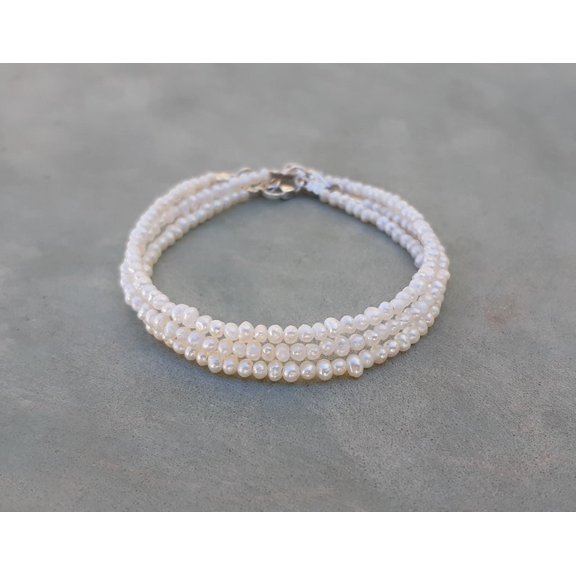 Fresh Water Pearl 3mm Round Shape Smooth Cut Beads 7 inch Silver Plated Clasp Bracelet for men, women, unisex. Link Chain Stacking Bracelet.|LINK_02998