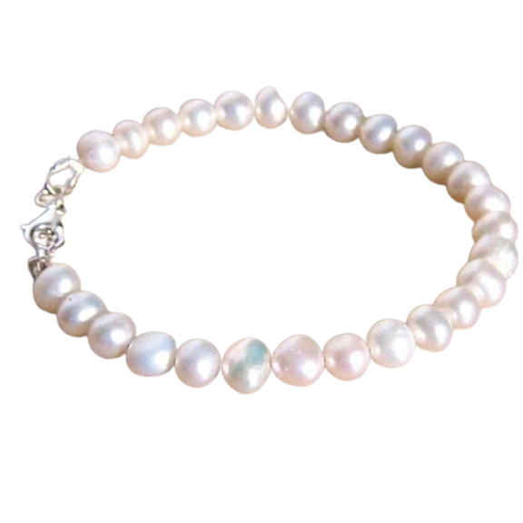 Fresh Water Pearl 8mm Round Shape Smooth Cut Beads 7 inch Silver Plated Clasp Bracelet for men, women, unisex. Link Chain Stacking Bracelet.|LINK_03022