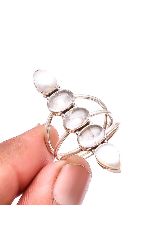 Fresh Water Pearl & Mystic Fire Topaz Five Stone 925 Sterling Silver Ring S.8.5 Christmas Gift