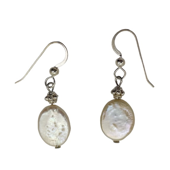 Fresh Water Pearl Oval Drop Sterling Silver Earings | 1 1/4" Long |White Silver|
