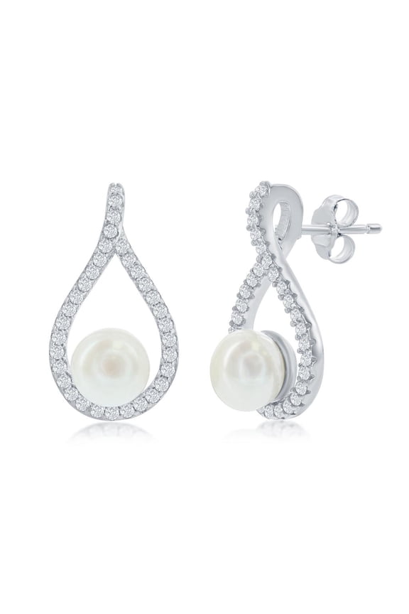 Fresh Water Pearl Pear-Shaped Design with Simulated Diamond CZ Earrings | Sterling Silver Infinity Earrings | Dangling Stud Jewelry for Women or Teens