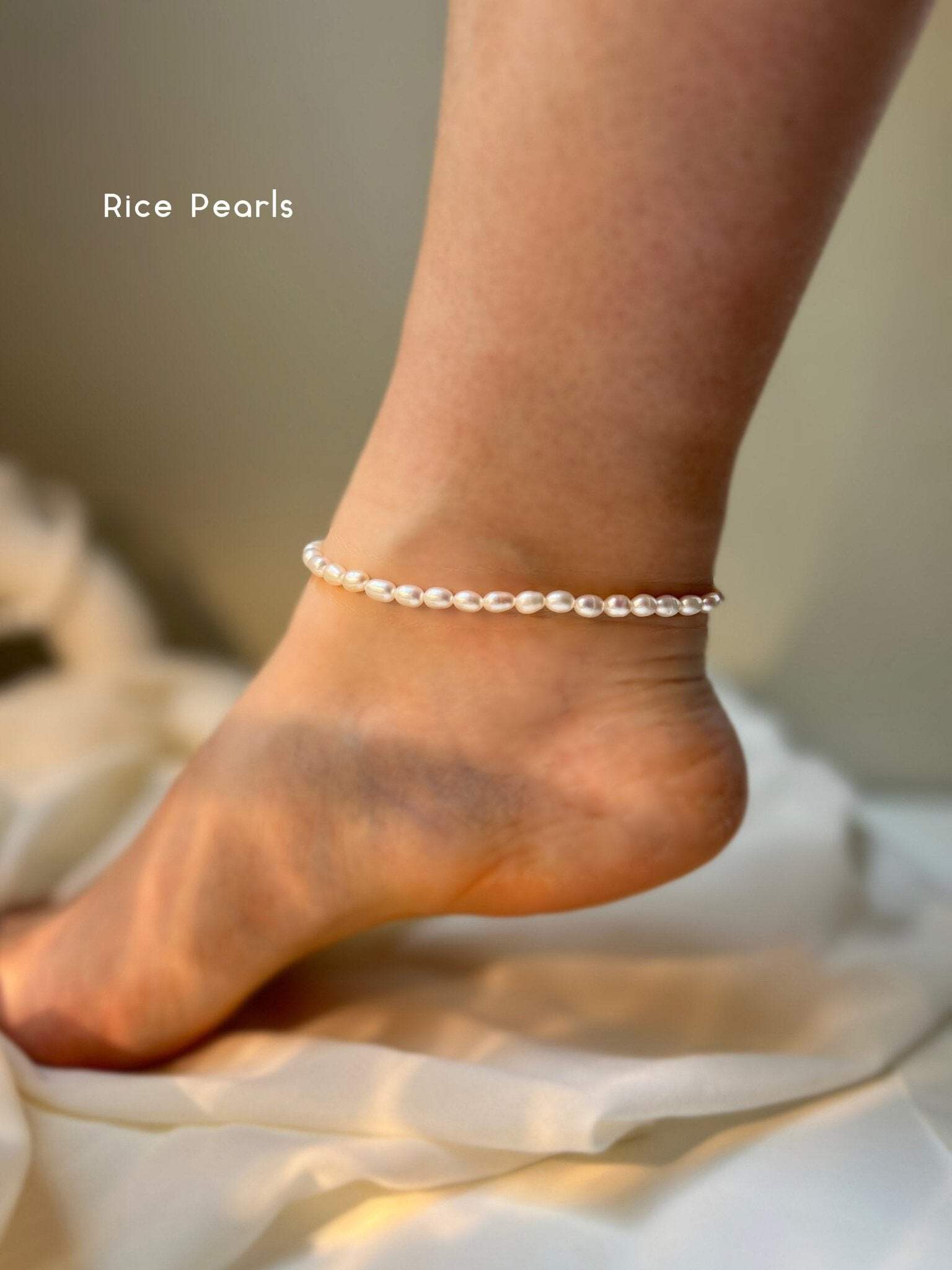 Fresh Water Pearl Stretch Anklet with Baroque or Rice Pearl - Shanali Jewelry