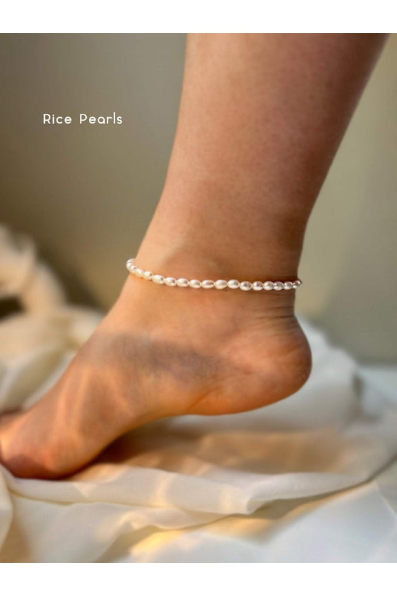 Fresh Water Pearl Stretch Anklet with Baroque or Rice Pearl - Shanali Jewelry
