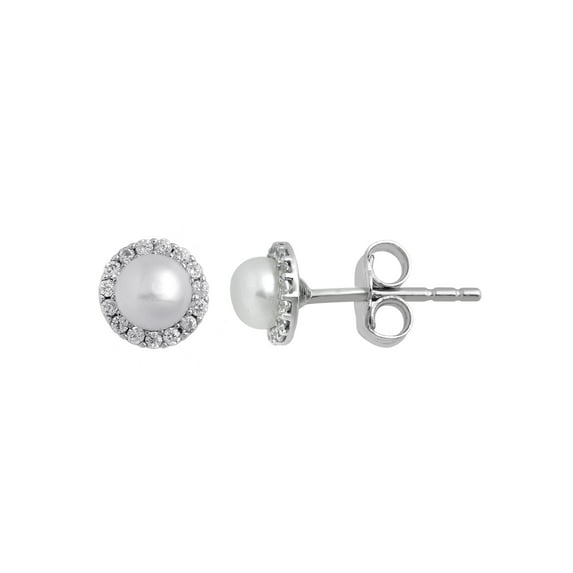 Fresh Water Pearl and White CZ Sterling Silver Cushion-Framed Earrings