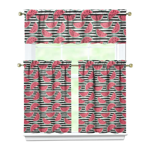Fresh Watermelon Print Kitchen Curtains Set, Tier and Valance with Tropical Summer Fruit Pattern, Cute Watermelon Lovers Design, Sunshine Beach Party Drapes