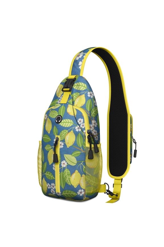Fresh Yellow Lemon Print Sling Backpack, Cute Summer Fruit Design Crossbody Daypack with Retro Vintage Floral Patterns, Lightweight and Durable
