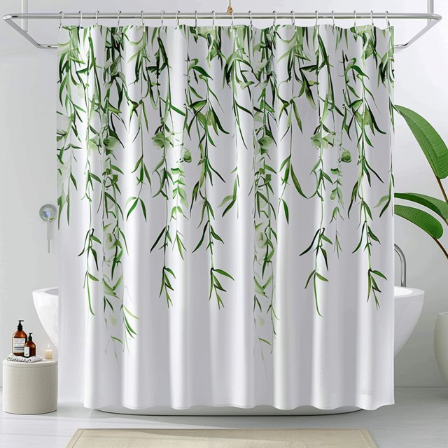 Fresh and Elegant White Green Willow Leaves Shower Curtain Modern Style