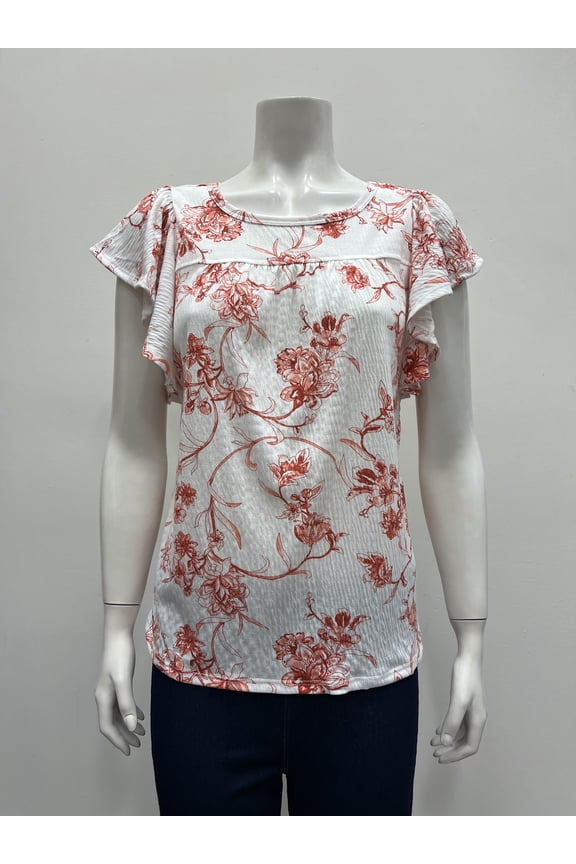 floral flutter sleeve scoop neck Blouse with Yoke