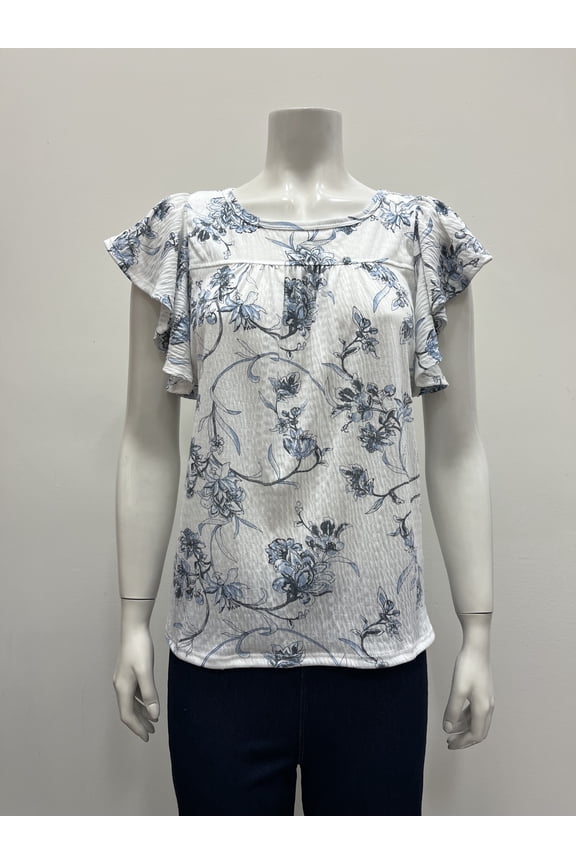 floral flutter sleeve scoop neck Blouse with Yoke