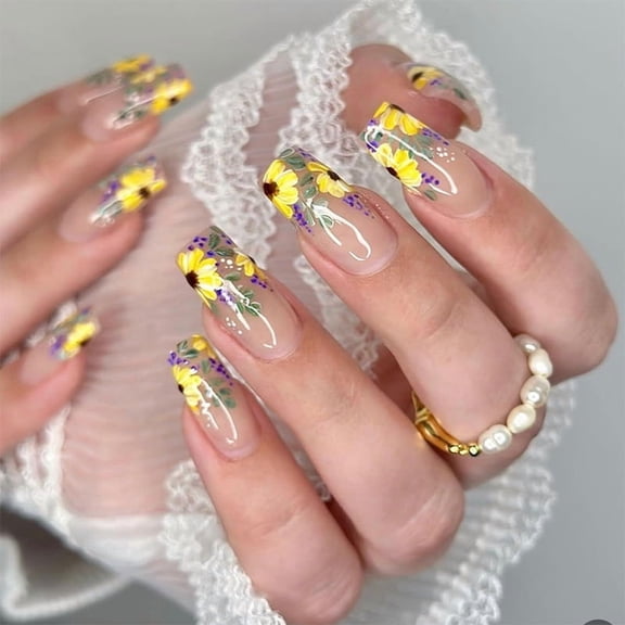 Fresh ins wearing nail pads, yellow sunflower flower nail pads 24 removable cross-border fake nail nails