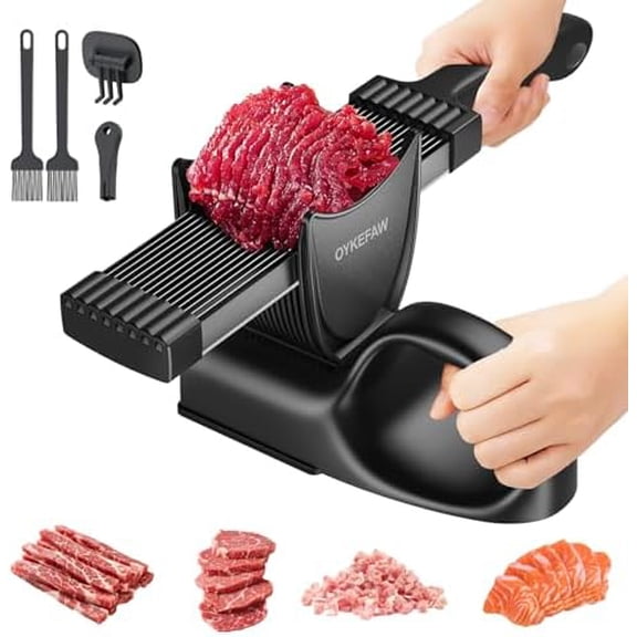 Fresh meat slicer, adjustable thickness, 2 or 4 mm, 17-in-1 stainless steel manual meat slicer, Cleaver Knife,Meat Cleavers can be Sliced, Striped, Diced, for salmon chicken breast (black)