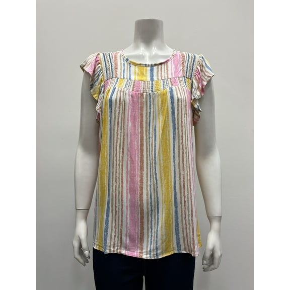 Fresh ruffle sleeve smock yoke colorful stripe round neck Blouse