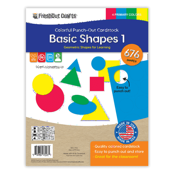 FreshCut Crafts Punch Out Paper Cutouts, Basic Shapes 1 Primary Colors, 676 Pieces