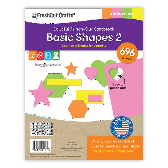 FreshCut Crafts Punch Out Paper Cutouts, Basic Shapes 2 Neon Colors, 696 Pieces