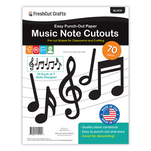 FreshCut Crafts Punch Out Paper Cutouts, Black Music Notes, 70 Pieces