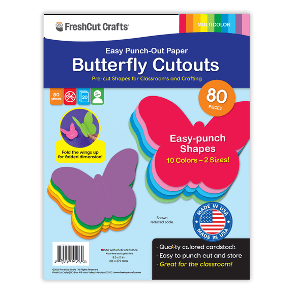 FreshCut Crafts Punch Out Paper Cutouts, Butterfly Shapes, Multicolor, 80 Pieces
